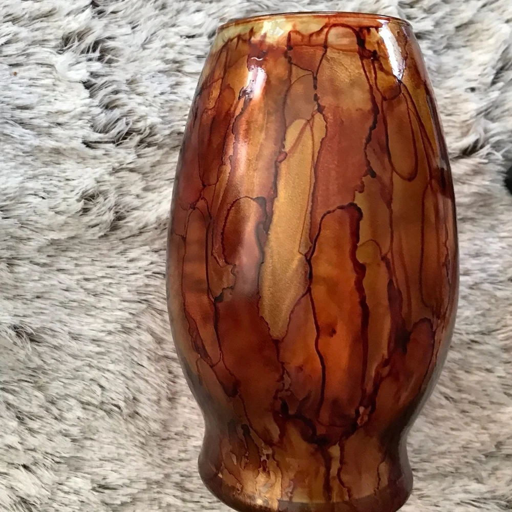 Hand crafted brown orange artisan glass vase painted with alcohol inks